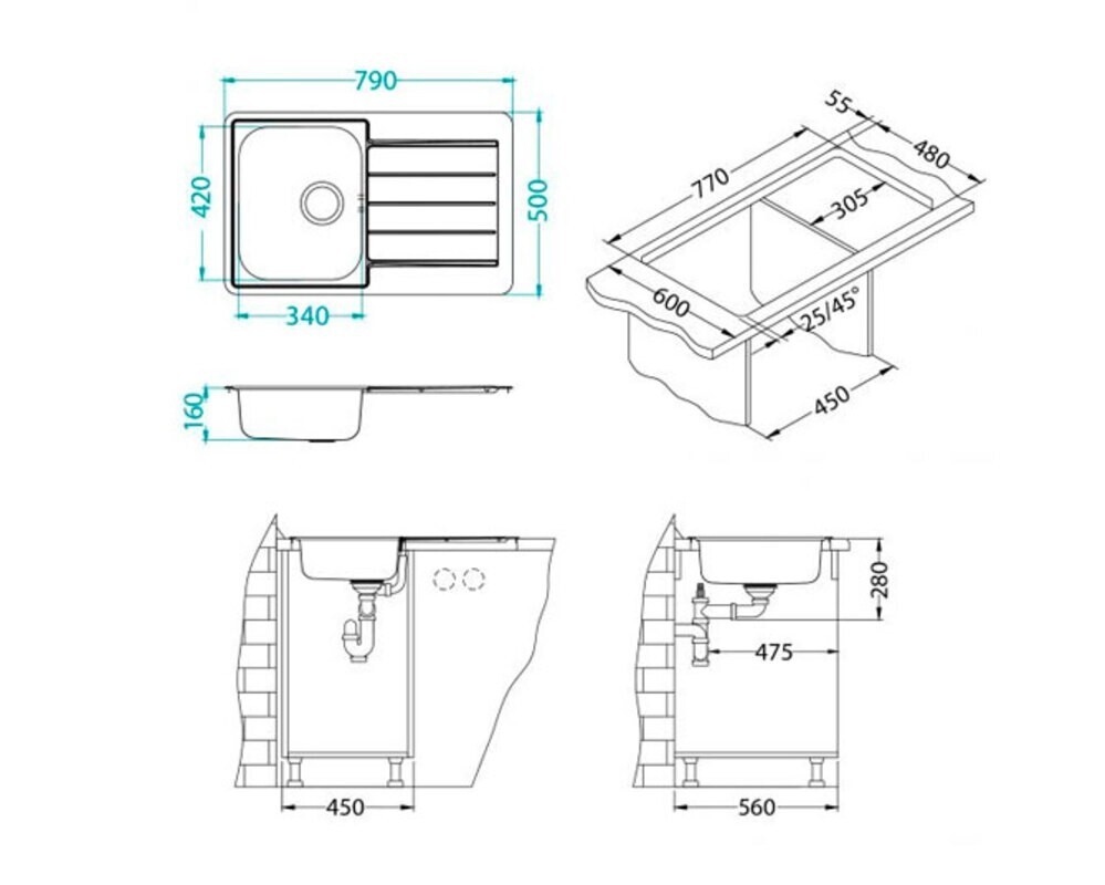 Мойка ALVEUS LINE 80 NAT-90  790X500 в комплекте с сифоном 1130551,
